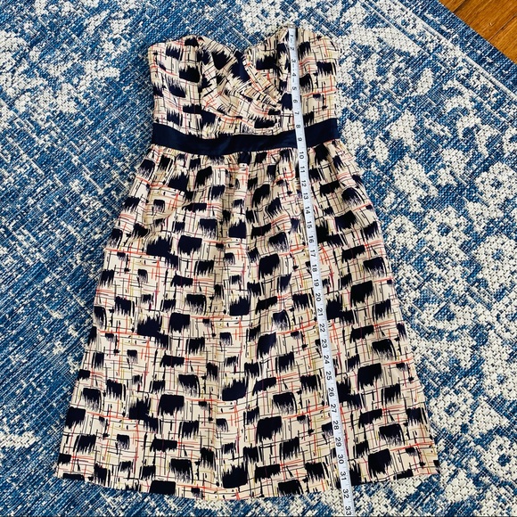 Anthropologie Burlapp Navy Tan Print Strapless 100% Silk Dress Size 4 - Picture 3 of 11